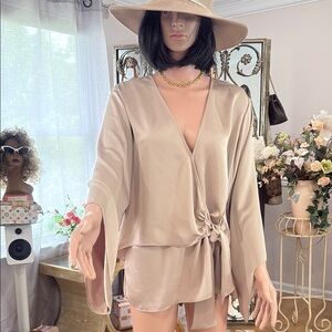 Ramy Brook Taupe Satin Wrap Blouse